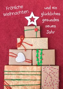 FairTrade Weihnachtskarte mit Weihnachtsbaum aus Geschenken