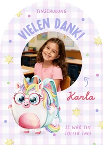 Foto-Dankeskarte Einschulungstag Einhorn-Rucksack