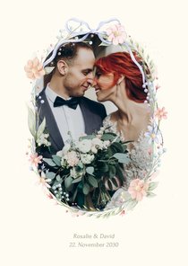 Foto-Dankeskarte Hochzeit Blumenkranz und Schleife