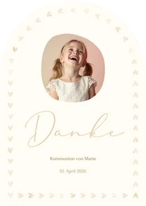 Foto-Dankeskarte Kommunion Bogenform Herzchenrand Beige