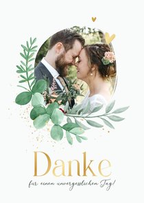 Foto-Dankeskarte zur Hochzeit Blattgrün & Text in Gold