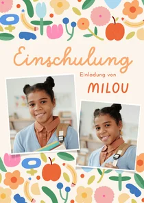 Foto-Einladung Einschulungsfeier buntes Blumenmuster