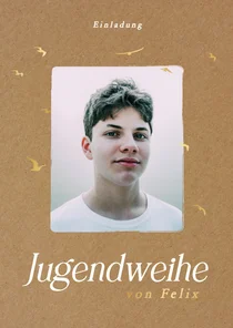 Foto-Einladung Jugendweihe auf Kraftpapier mit Vögeln