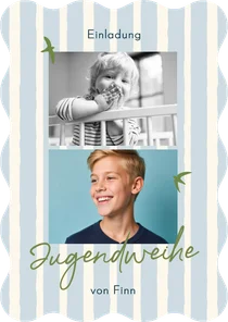 Foto-Einladung Jugendweihe Vögel blau gestreift