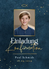 Foto-Einladungskarte Konfirmation Goldschrift dunkelblau