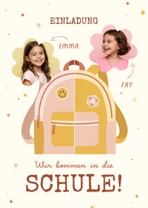 Foto-Einschulungskarte Zwilling rosa-gelber Rucksack