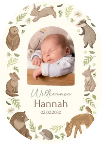 Foto-Geburtskarte Oval Waldtiere und Pflanzen