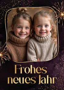Foto-Neujahrskarte Lila Feuerwerk Goldrahmen