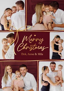 Foto-Weihnachtskarte 6 Fotos dunkelrot Goldschleife