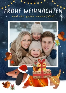 Foto-Weihnachtskarte Dackel Geschenke Lichterkette