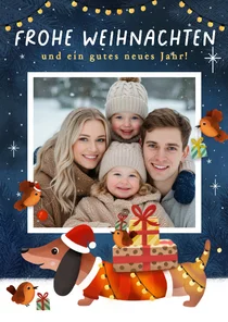 Foto-Weihnachtskarte Dackel Geschenke Lichterkette