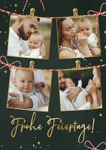Fotocollage Weihnachtskarte dunkelgrün mit Schleifen