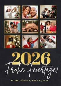 Fotocollage Weihnachtskarte Frohe Feiertage und Jahreszahl