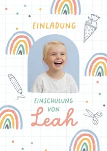 Fotokarte Einladung Einschulung Regenbogen & Doodles