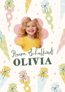Fotokarte Glückwunsch 1. Schultag bunte Schultüten