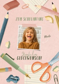 Fotokarte Glückwunsch Schulanfang rosa