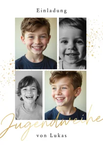 Fotokarte Jugendweihe Einladung Goldschrift & Sprenkel