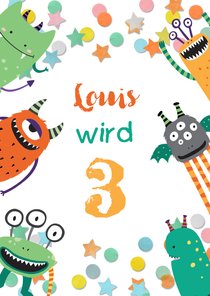 Fröhliche Monstereinladung zum 3. Kindergeburtstag