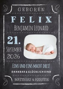Geburtskarte Kreidetafel mit Foto blau