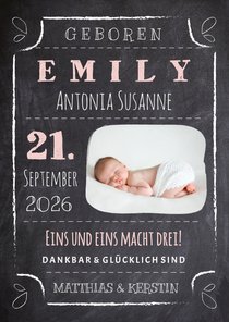 Geburtskarte Kreidetafel mit Foto rosa
