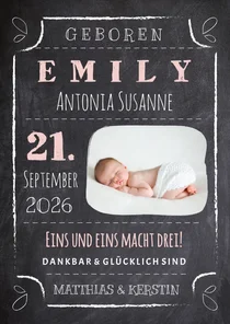 Geburtskarte Kreidetafel mit Foto rosa