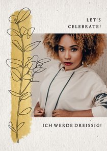 Geburtstagseinladung mit Foto, Streifen in Goldlook & Zweig