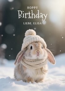 Geburtstagskarte 'Hoppy Birthday' Winter Schnee Kaninchen