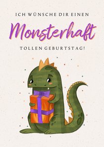 Geburtstagskarte kleiner Drache mit Geschenk