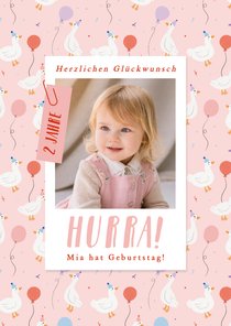 Geburtstagskarte rosa Gänse mit Luftballons & Foto