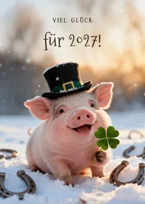 Glücksbringerkarte Neujahr Schweinchen mit Kleeblatt