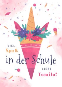 Glückwunschkarte 1. Schultag Schultüte Einhornform