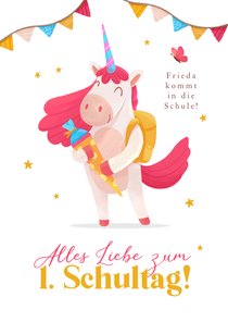 Glückwunschkarte 1. Schultag Unicorn mit Schultüte