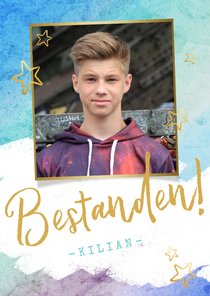 Glückwunschkarte 'Bestanden' blau mit Foto