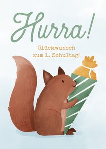 Glückwunschkarte blau Schulanfang Eichhörnchen