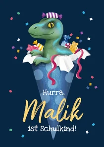 Glückwunschkarte Einschulung Dino in Schultüte