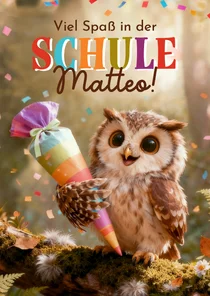 Glückwunschkarte Einschulung Eule mit Schultüte