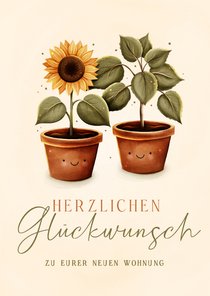 Glückwunschkarte Einzug Sonnenblume Topfpflanze
