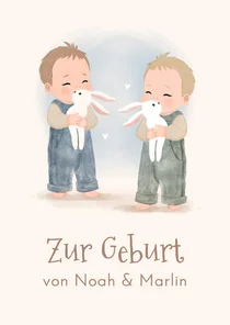 Glückwunschkarte Geburt Zwilling mit Stofftieren