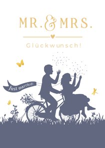 Glückwunschkarte Hochzeit Brautpaar auf Fahrrad