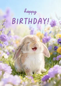 Glückwunschkarte 'Hoppy Birthday' Kaninchen Blumenwiese