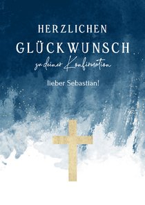 Glückwunschkarte Konfirmation dunkelblau Aquarell Kreuz