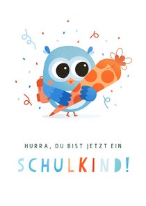 Glückwunschkarte Schulanfang blaue Eule mit Schultüte