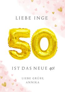 Glückwunschkarte zum 50. Geburtstag rosa mit Zahlenballon