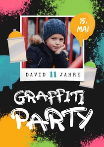 Graffiti Einladung 11. Kindergeburtstag bunt mit Foto