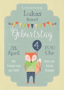 Grüne Einladungskarte 4. Kindergeburtstag kleiner Fuchs