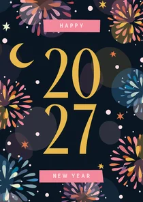 Grußkarte neues Jahr buntes Feuerwerk & Jahreszahl