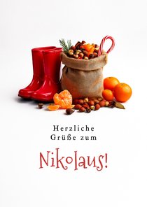 Grußkarte Nikolaus Gummistiefel Sack Nüsse Mandarinen