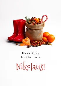 Grußkarte Nikolaus Gummistiefel Sack Nüsse Mandarinen