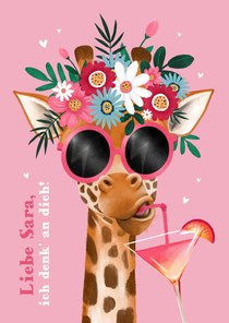 Grußkarte Urlaub Giraffe mit Blumen Sonnenbrille Cocktail