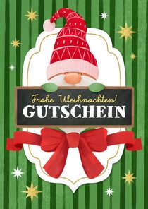 Gutschein-Weihnachtskarte Wichtel mit Schild